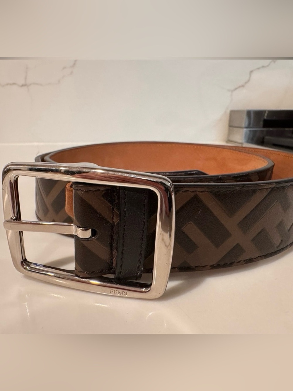 Fendi Brown & Black FF Logo Leather Men’s Belt with Silver Buckle 95 /38